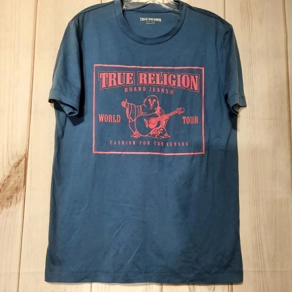 True Religion Mens World‎ Tour Buddha Graphic T-Shirt Blue Medium
